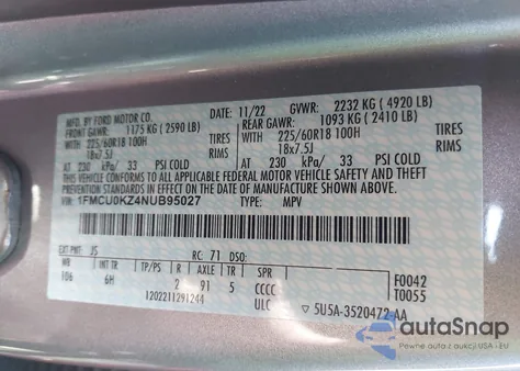 2022 Ford Escape Sel Plug-In Hybrid from USA, damaged, VIN 1FMCU0KZ4NUB95027